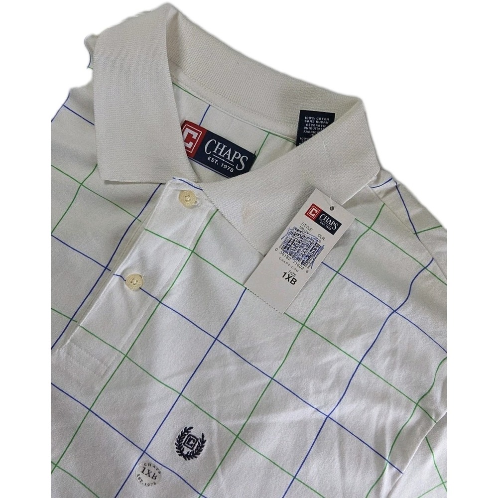 Chaps Polo Shirt WHITE, BLUE, GREEN CHECK, MEN 1XB, COTTON NWT